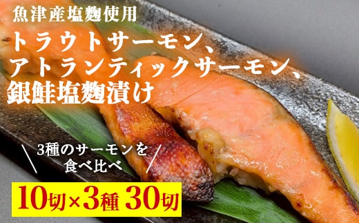 トラウトサーモン塩麹漬け、アトランティックサーモン塩麹漬け、銀鮭塩麹漬け各10切ずつセット ※北海道・沖縄・離島への配送不可
