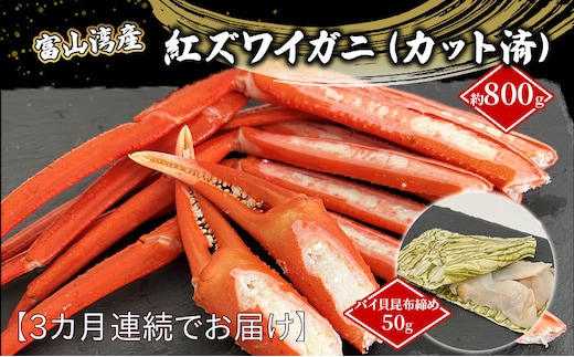 【3か月連続でお届け】富山湾産紅ズワイガニ（カット済）・バイ貝朧昆布締めセット 富山県黒部市/タグ付き 贈答 自分にご褒美 漁師直販 恵比須丸 定期便 魚貝類 加工食品 ずわい蟹 
