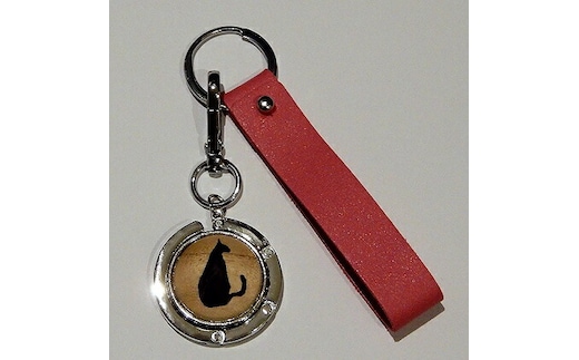 富山木象嵌 天然木手作りバッグハンガー（ベルト付・化粧箱付）猫