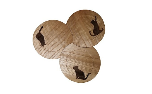 富山木象嵌 天然木手作りコースター 猫（3枚セット）
