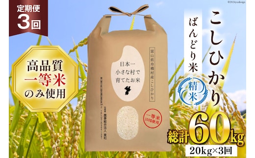 米 新米 令和8年 ばんどり米 コシヒカリ 精米 20kg 3回 定期便 総計60kg [農事組合法人東和 富山県 舟橋村 57050227] 一等米 コメ お米 白米 ごはん ご飯 こしひかり 20キロ ブランド米 美味しい 富山 農家 ふるさと納税