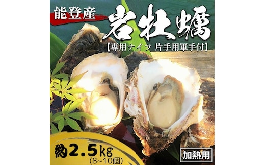 能登産 岩牡蠣（2.5kgセット／8～10個入）専用ナイフ 片手用軍手付 加熱用 冷蔵配送 ※2026年6月下旬～8月上旬頃に順次発送予定 ※離島への配送不可