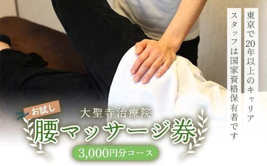 【お試し】腰マッサージ券（3,000円分コース） 大聖寺治療院 治療 整体 疲労回復 プレゼント 癒し F6P-2800
