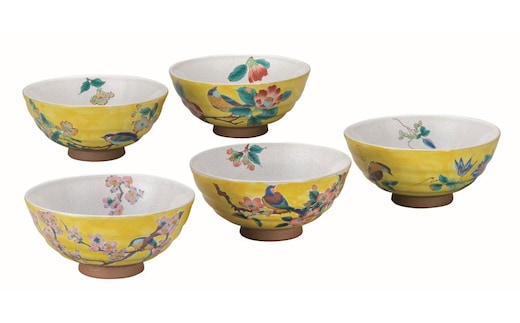 九谷焼 5客飯碗 吉田屋花鳥絵変り a02