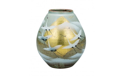 九谷焼 7.5号花瓶 金箔群鶴 山田登陽志 a05
