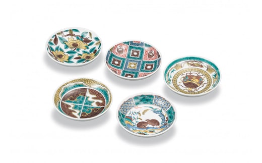 九谷焼 4.2号皿揃 古九谷風名品絵変わり（5枚セット） a01 焼き物 民芸品 工芸品