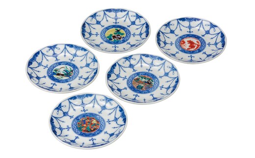 九谷焼 4.5号皿揃 時代絵（５枚セット）a01 食器 キッチン雑貨 キッチンアイテム 雑貨 小物 お皿 丸皿 食卓 テーブルコーディネート 