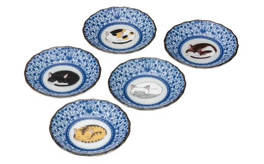 九谷焼 4号皿揃 眠り猫（5枚セット） a01 食器 キッチン雑貨 キッチンアイテム 雑貨 小物 お皿 丸皿 食卓 テーブルコーディネート 取り皿 