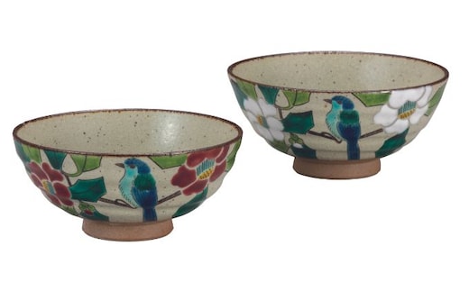 九谷焼 組飯碗 椿に鳥 a02 食器 キッチン雑貨 キッチンアイテム 雑貨 食卓 テーブルコーディネート ペア茶碗 夫婦茶碗 
