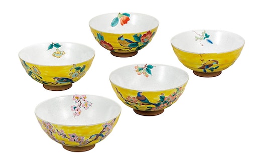 九谷焼 5客飯碗 吉田屋花鳥絵変り a02 