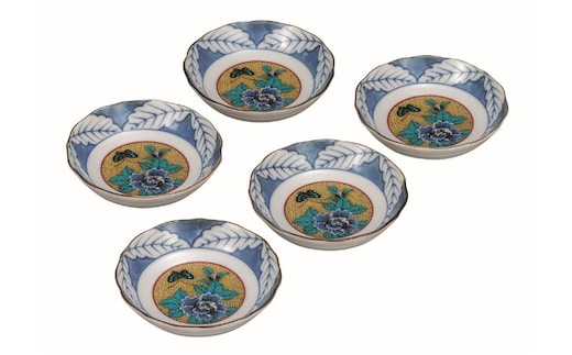 九谷焼 3.2号皿揃・吉田屋牡丹(5枚組)