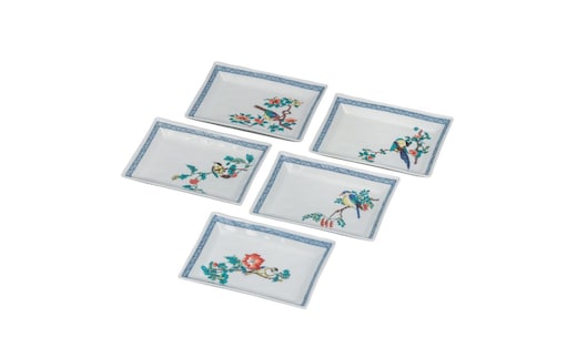 九谷焼 5.8号長角皿揃・花鳥絵変わり(5枚組)