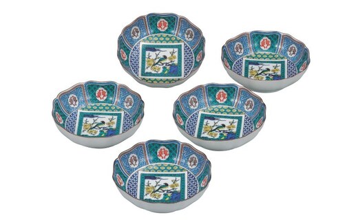 九谷焼 5.2号小鉢揃・古九谷梅に鳥(5枚組)