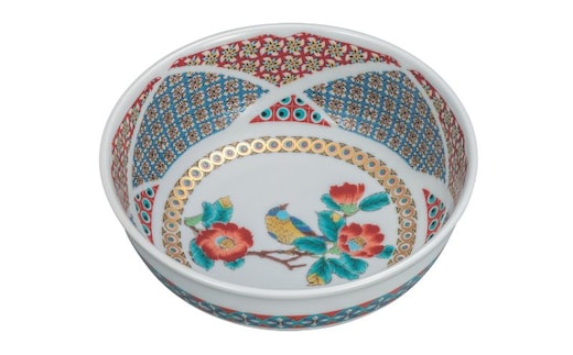 九谷焼 6号鉢・金小紋椿に鳥