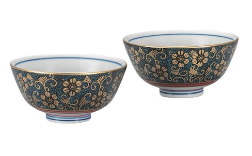 九谷焼 組飯碗・青粒鉄仙