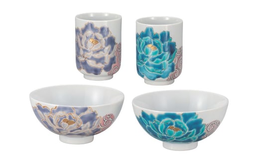 九谷焼 睦揃・青紫牡丹