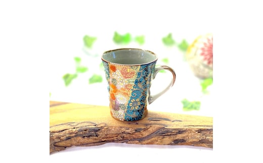 百華園 九谷 マグカップ 青粒＋金花詰(傑作) 裏絵 | 九谷焼 カップ マグカップ 食器 ティータイム 