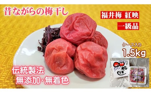 昔ながらの梅干し 一級品（福井県若狭町）伝統製法にこだわり仕上げた無添加・無着色の梅干し／ケース入り1.5kg ご飯のお供 肉厚 種が小さい 紅映 天然塩 鮮やか 芳醇な香り コク 紫蘇漬け 二度漬け すっぱい 