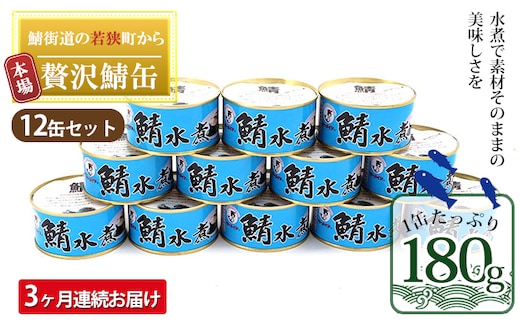 【3ヶ月連続お届け】若狭の鯖缶12缶セット（水煮） 加工食品 魚の加工品 鯖の缶詰 水煮缶 鯖の水煮 鯖の水煮缶 つまみ 調理 食材 魚の缶詰 お魚 食品 ストック 塩味 ノルウェー産 ノルウェー産鯖 DHA 便利 手軽 酒のあて 