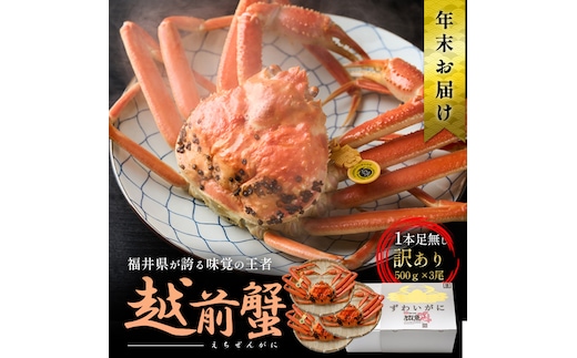 年末発送 訳あり茹で越前ガニ 500g以上×3杯(脚折れ) カニ ズワイガニ ボイル 福井県