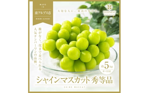 ＜2026年発送分先行予約＞山梨県南アルプス市産シャインマスカット 秀等品 約5ｋｇ 8～11房 ALPAH043