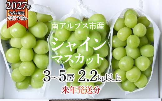 ★フジテレビ系列「ノンストップ」で取り上げられました！★＜2027年発送先行予約＞南アルプス市産シャインマスカット2.2kg以上（3～5房） クール便発送 ALPAG011