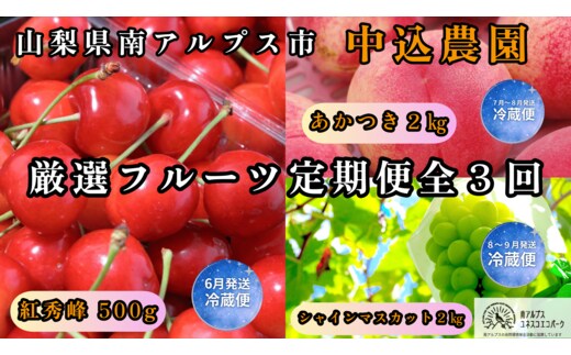 ＜2026年発送先行予約＞山梨県南アルプス市産 厳選フルーツ定期便全3回B(さくらんぼ・桃・シャインマスカット2kg) ALPEM018