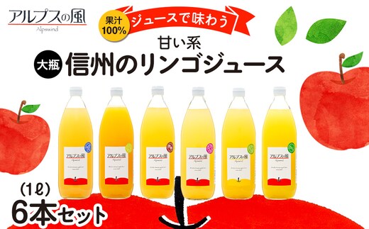 果汁100％ジュースで味わう 信州のリンゴ 甘い系 大瓶 6本 セット 詰め合わせ ジュース りんごジュース リンゴジュース アップルジュース フルーツジュース 果実飲料 飲み物 ドリンク 飲料 信州 長野 長野県 
