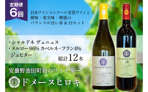 ワイン 定期便 6回 ジュピターとシャルドネヴェニュス 各750ml計2本×6回 総計12本 [ヴィニョブル安曇野 長野県 池田町 48110820] 赤ワイン 白ワイン 飲み比べ ドメーヌヒロキ