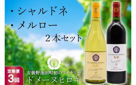 【3回定期便】 自社農園100％ ワイン 白 赤 シャルドネとメルローのセット 750ml×2本 3回 総計4500ml [ヴィニョブル安曇野（ドメーヌ・ヒロキ） 長野県 池田町 48110823] 白ワイン 赤ワイン お酒 酒