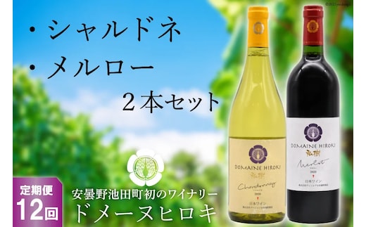 【12回定期便】 自社農園100％ ワイン 白 赤 シャルドネとメルローのセット 750ml×2本 12回 総計 18000ml [ヴィニョブル安曇野（ドメーヌ・ヒロキ） 長野県 池田町 48110825] 白ワイン 赤ワイン お酒 酒