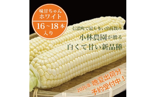 2026年夏の予約受付開始！小林農園の白くて甘いとうもろこし『味甘ちゃんホワイト（みかんちゃんほわいと）』16～18本入り（約9kgセット）令和8年9月～出荷予定【長野県信濃町ふるさと納税】
