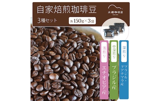「水穂珈琲店」の自家焙煎コーヒー豆 3種のセット「深煎りブレンド」「エチオピア（浅煎り）」「ブラジル（中深煎り）」各150g×3袋【長野県信濃町ふるさと納税】