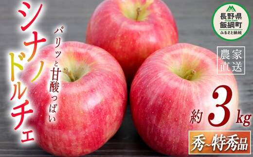 りんご シナノドルチェ 秀 ～ 特秀 3kg 菅谷さんのりんご 沖縄県への配送不可 2026年9月下旬頃から2026年10月上旬頃まで順次発送予定 令和8年度出荷分 長野県 飯綱町 [0790]