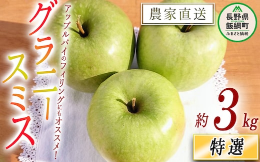 りんご グラニースミス 特選 3kg やまじゅうファーム 沖縄県への配送不可 2025年12月中旬頃から2026年1月下旬頃まで順次発送予定 令和7年度収穫分 信州の環境にやさしい農産物 減農薬栽培 長野県 飯綱町 [0530]