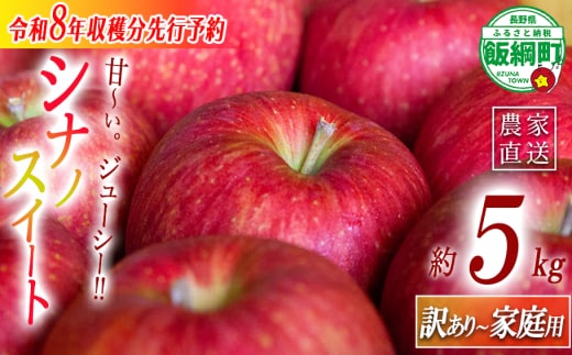 りんご 農家応援企画 シナノスイート 家庭用・訳あり5kg 【令和8年度収穫分】 ※沖縄県への配送不可 ※2026年10月上旬頃から11月上旬頃まで順次発送予定 長野県飯綱町 [0902]