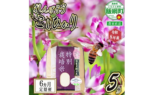 米 れんげそう こしひかり5kg【6カ月定期便】 【令和8年度産】 発送：2026年10月より順次発送予定 仲俣農園 特別栽培米 長野県 飯綱町 【1836】