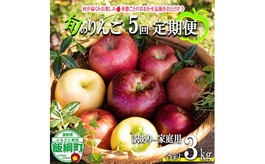 【 定期便 】 旬のりんご 品種おまかせ 家庭用 〜 訳あり 3kg × 5回 永野農園 沖縄県への配送不可 2026年8月上旬頃から2026年12月中旬頃まで順次発送予定 令和8年度収穫分 信州 果物 フルーツ リンゴ 林檎 8月 9月 10月 11月 12月 長野 予約 農家直送 長野県 飯綱町 [1954]