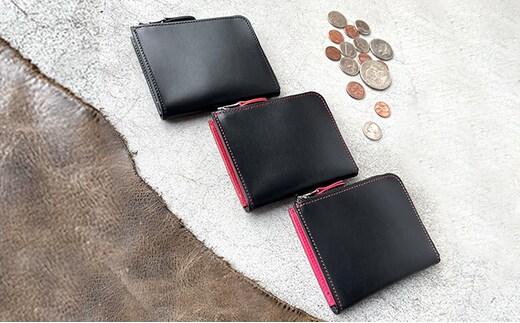革財布 本革 L字ファスナー ミニ財布 イタリアンレザー ブラックビューティー 美濃市ブラック＆ピンク