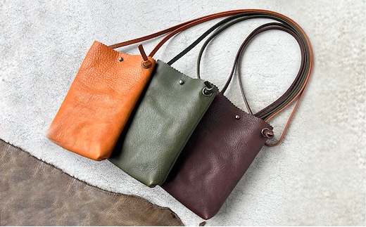 革 本革 スマホショルダー シボ入り栃木レザー レザーケース 美濃市グリーン