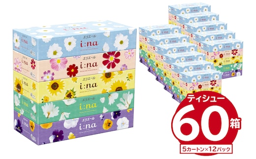 エリエール i:na（イーナ） ティッシュ 150W5P×12パック【0095-013】 ティシュー 箱ティッシュ 日用品 新生活 備蓄 防災 消耗品 生活雑貨 生活用品 ストック パルプ100％