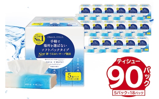 エリエール +Water（プラスウォーター） ソフトパックティッシュ 120W5P×18パック【0095-016】 ティシュー ソフトパックティッシュ ティッシュペーパー 箱なし 日用品 新生活 備蓄 防災 消耗品 生活雑貨 生活用品 パルプ100％