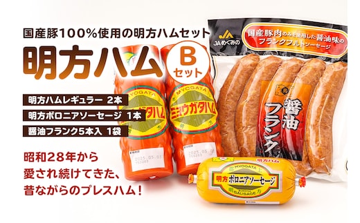 明方ハムBセット（明方ハム レギュラー 2本・明方ボロニアソーセージ 1本・醤油フランク 5本入×1袋）【0059-002】