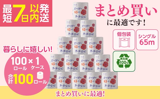 トイレットペーパー SEカーネーション 65m 100個 (1ケース)｜日用品 業務用 生活 必需品 エコ eco 高評価 たっぷり まとめ買い 長持ち ストック 備蓄 保存 災害 防災 備蓄用 トイペ 消耗品 常備 やさしい ソフト 再生紙