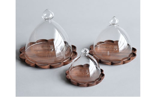 【YARN】かろやかなガラスドームとウォールナットのトレー【S 単品】｜日用品 工芸品 スタッキング可能 ※離島への配送不可