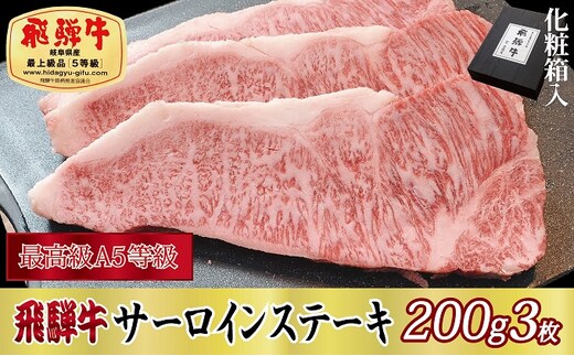 【化粧箱入り・最高級A5等級】飛騨牛サーロインステーキ200g×3枚