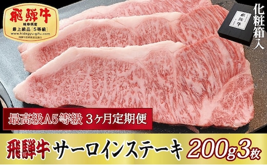 3ヶ月定期便 化粧箱入 最高級A5等級 飛騨牛 サーロインステーキ 200g×3枚