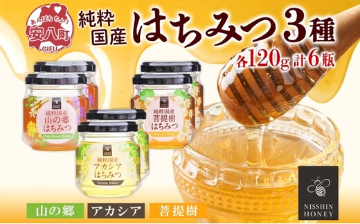 国産はちみつ120g 3本入り 2セット 山の郷 アカシア 菩提樹 国産 純粋はちみつ ギフト ハニー honey ハチミツ パン 菓子 トースト ホットケーキ ヨーグルト 調味料 隠し味 常温 常備 お取り寄せ 日新蜂蜜 送料無料 岐阜県 安八町 
