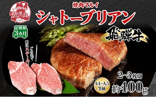 飛騨牛 シャトーブリアン ステーキ 3ヵ月定期便約400g 2～3枚切り×3 肉 牛肉 和牛 ブランド牛 お肉 ビーフ ヒレ 希少部位 赤身 贅沢 国産 ご褒美 豪華 グルメ 焼肉 BBQ パーティー ギフト 贈り物 自家用 贈答用 送料無料 焼肉マルイ 岐阜県 【 安八町 】