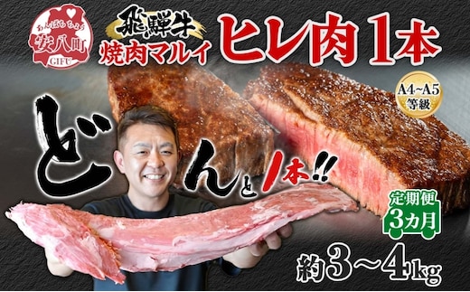 飛騨牛 ヒレ肉 ブロック A4～A5等級 1本3ヵ月定期便約3～4kg 3割×3 ヒレ シャトーブリアン 肉 牛肉 ブランド牛 お肉 和牛 贅沢 お取り寄せ ご褒美 ステーキ 豪華 グルメ 焼肉 BBQ パーティー ギフト 贈り物 自家用 贈答用 焼肉マルイ 岐阜県 【 安八町 】